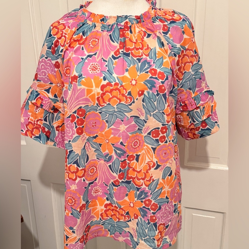 Banjanan Floral Print Women's Short Sleeve Top Ruffled Sz L